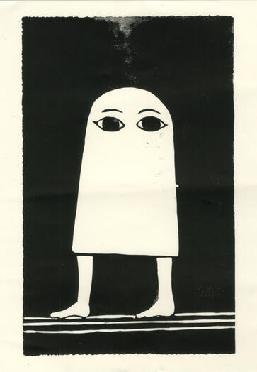 Linocut of the Egyptian god Medjed