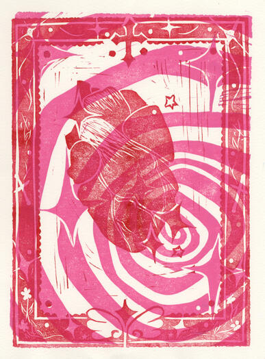 Linocut of a realistic heart in pink and red