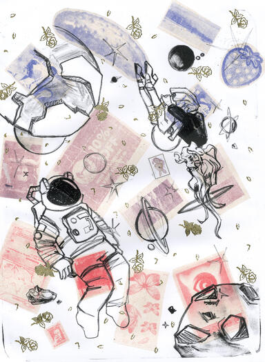 ;lithography print of girl and person in spacesuit