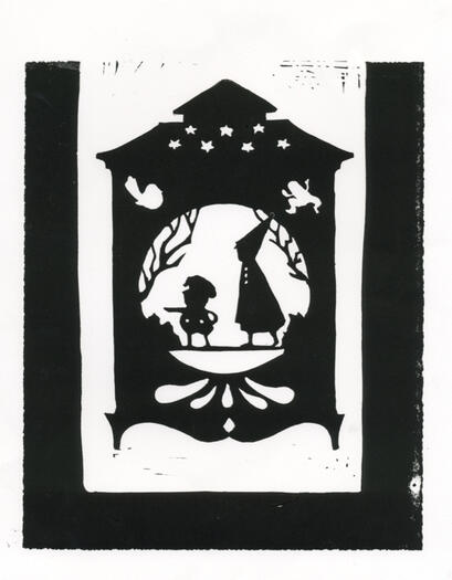 Linocut of characters from Over the Garden Wall
