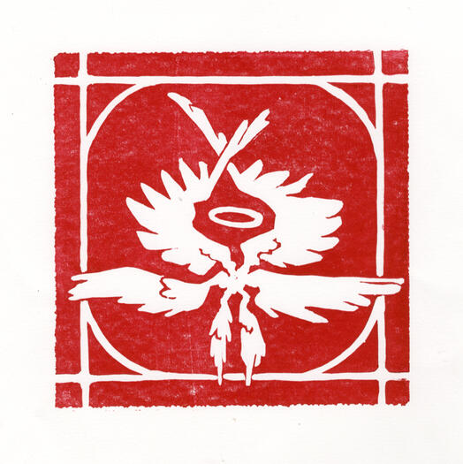 Linocut print of biblical angel
