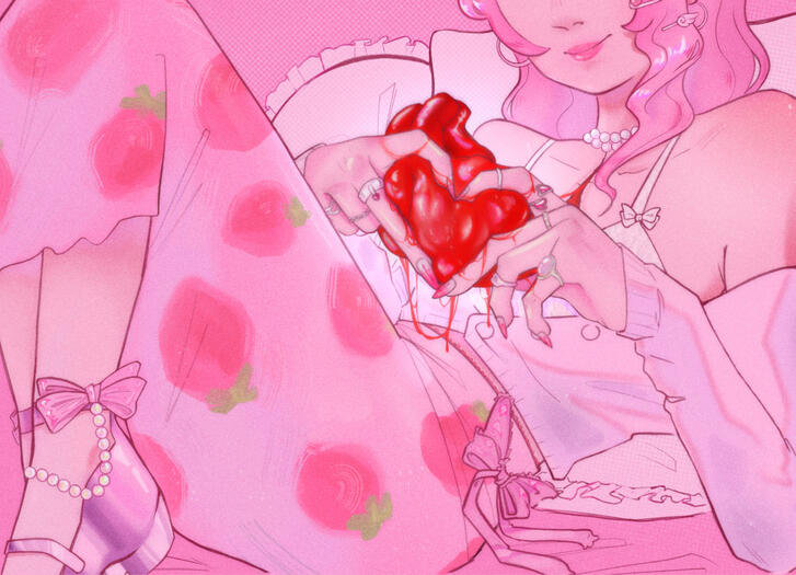 a digital illustration of a female figure holding a human heart