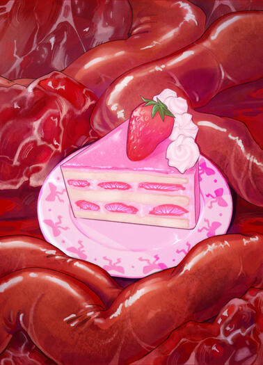 A slice of cake surrounded by organs, my favorite piece